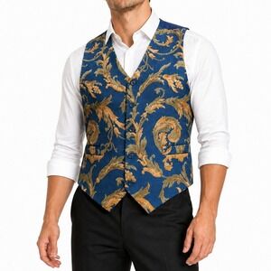 Cafe Vest Men Size 3 Blue Gold Tapestry Floral Damask Vintage Waistcoat USA Made
